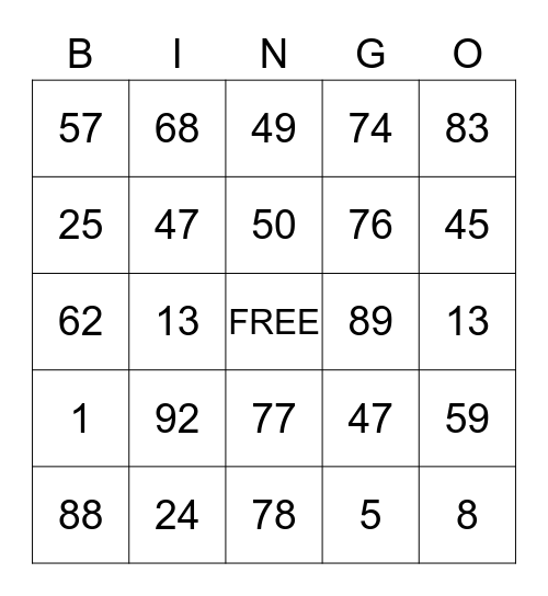 NUMBER Bingo Card