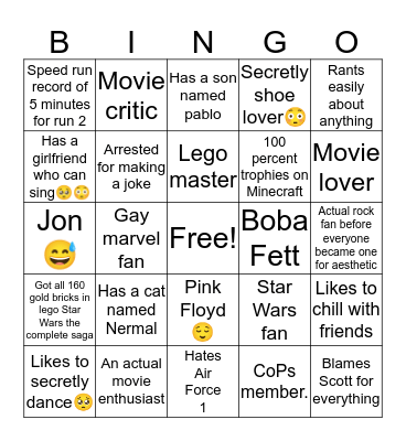 Ethan Bingo Card