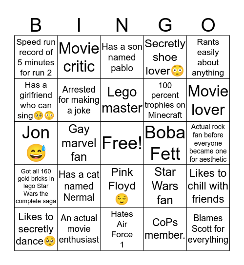 Ethan Bingo Card