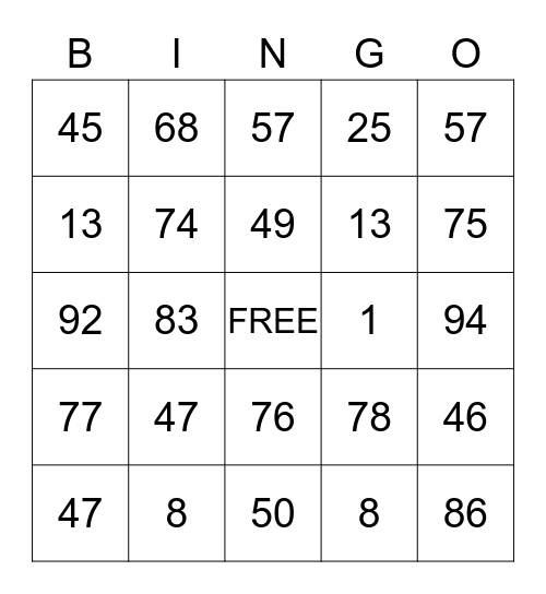 NUMBER Bingo Card