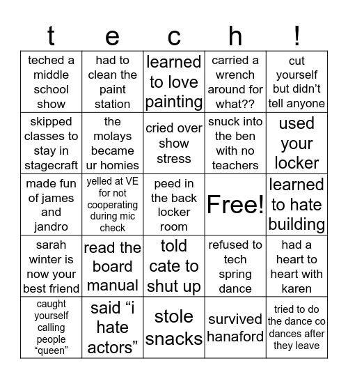 so you think ur a stagecraft kid Bingo Card