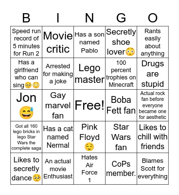 Ethan Bingo Card