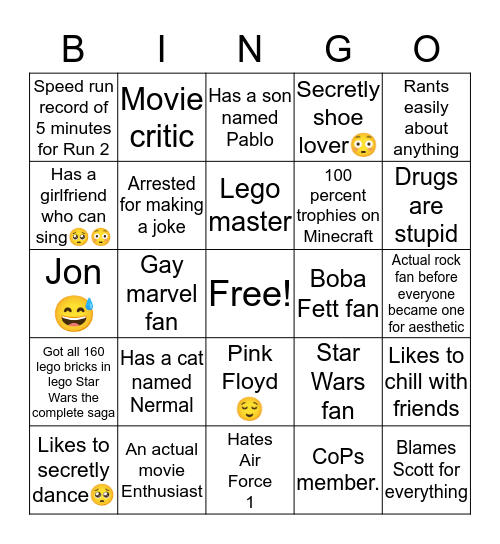 Ethan Bingo Card
