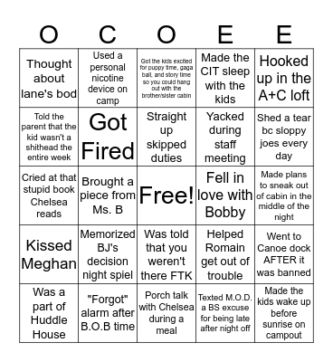 YMCA Camp Ocoee Staff Bingo Card