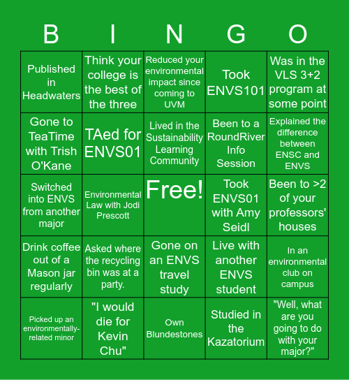 UVM ENVS Program Bingo Card