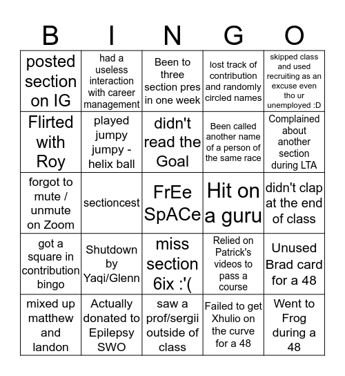 Section 6 BINGO Card