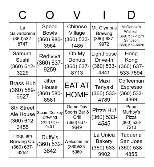 Quarantine Bingo Card