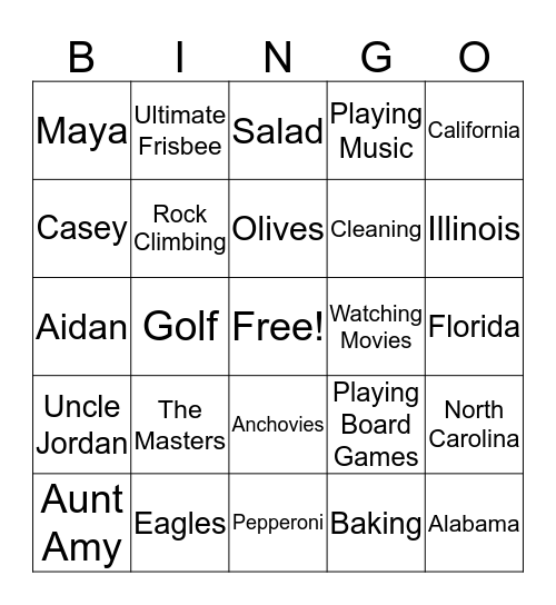 Sunday Night Pizza Bingo Card