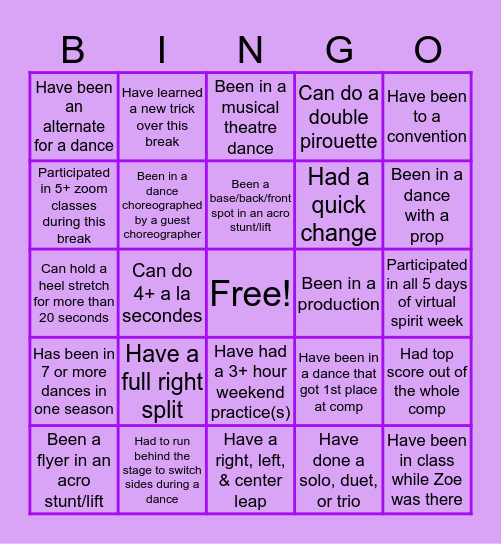 Studio One Dance Center Bingo Card