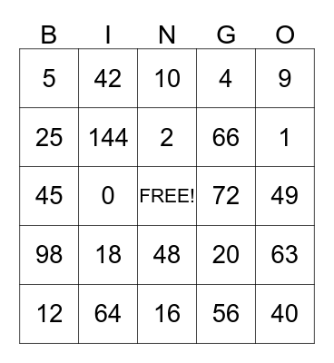 Multiplication Bingo Card