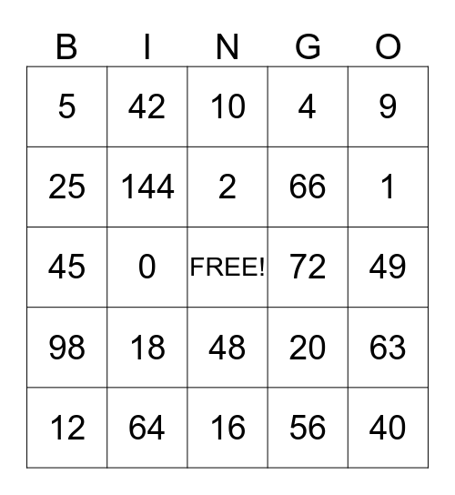 Multiplication Bingo Card