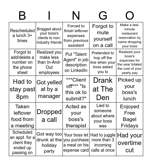 Hollywood Assistant Bingo Card