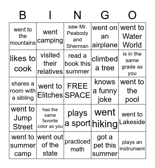 First Day of School Bingo Card