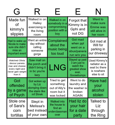 Green House Bingo Card