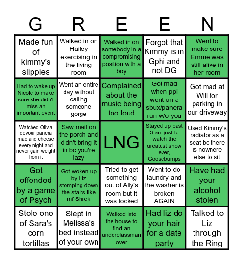 Green House Bingo Card
