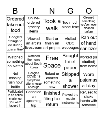 Quarantine Bingo Card