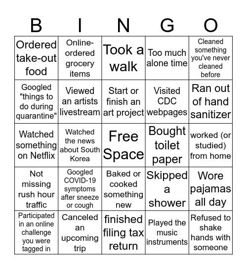 Quarantine Bingo Card