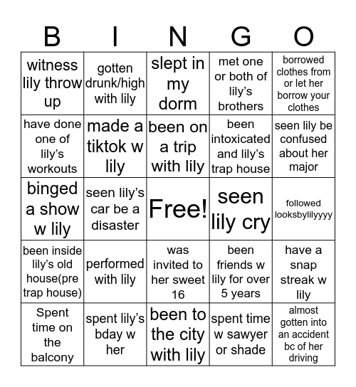 Lily Bingo Card
