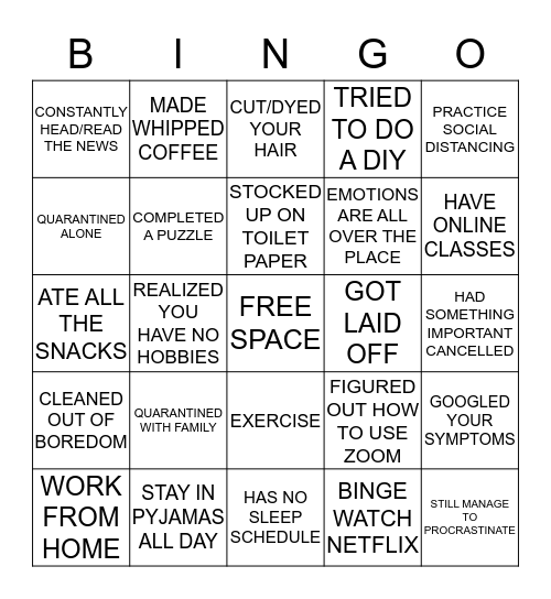 Quarantine Edition Bingo Card