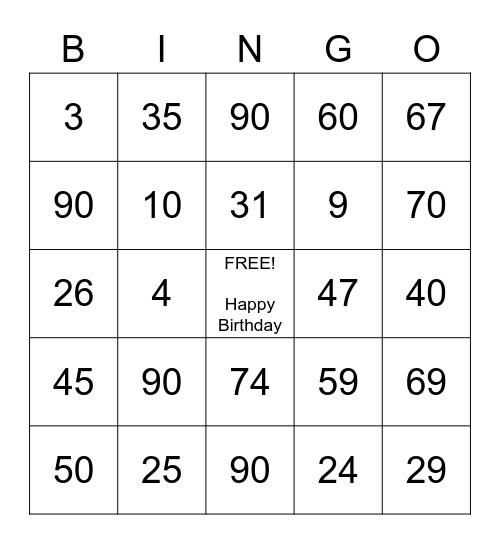 Winnie's Birthday Bingo Card