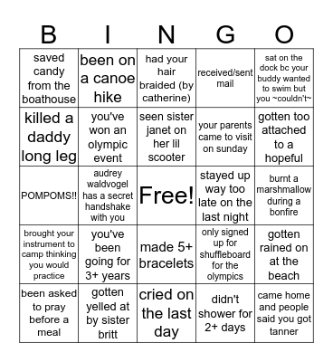 Pilgrim Camp Bingo Card