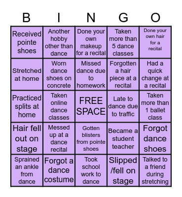 DANCER BINGO🩰 Bingo Card