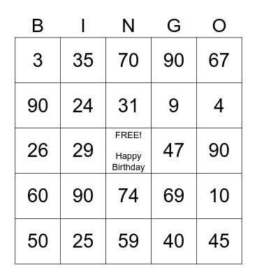 Winnie's Birthday Bingo Card