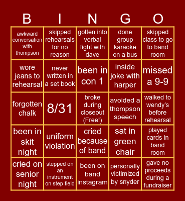 Lassiter Marching Bingo Card