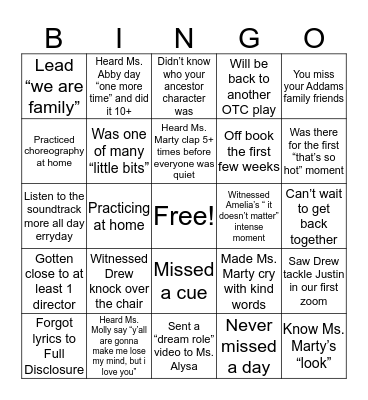 Addam’s Family Bingo Card