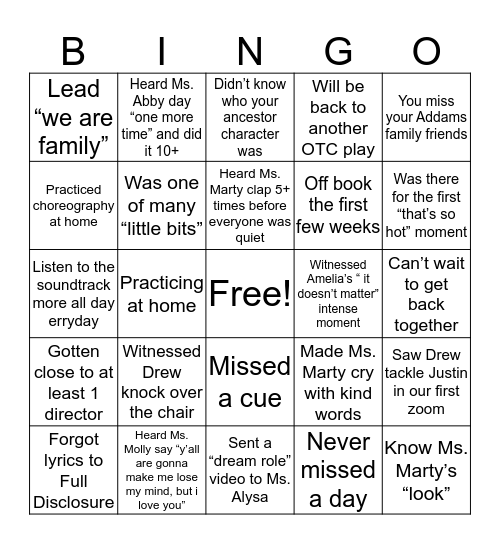 Addam’s Family Bingo Card