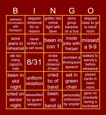 Lassiter Marching Bingo Card