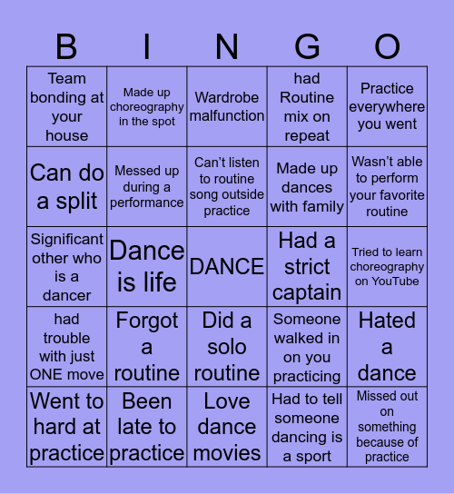 Dancer  Bingo Card