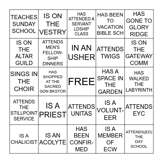 HOLY TRINITY'S KNOW YOUR NEIGHBOR BINGO Card