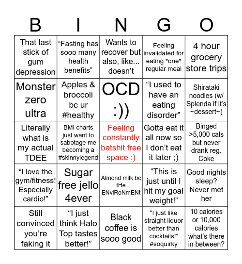 Eating Disordered AF Bingo!! Bingo Card