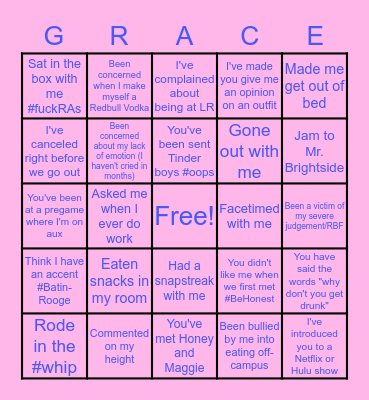 Friends with Grace Bingo Card