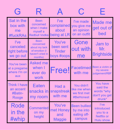 Friends with Grace Bingo Card