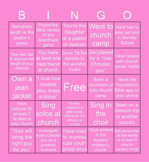 Christian Girl Bingo Card