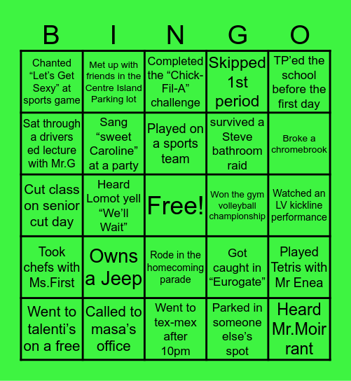 Locust Valley Bingo Card