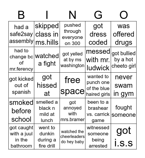 Carrick High School Bingo Card