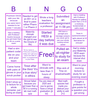 HUNTER BELLEVUE SCHOOL OF NURSING Bingo Card