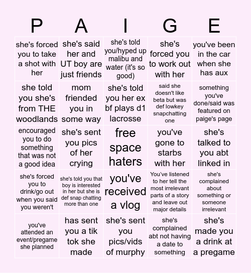 Paige Bingo Card