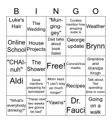 Krogh Fam Happy Hour Topics Bingo Card