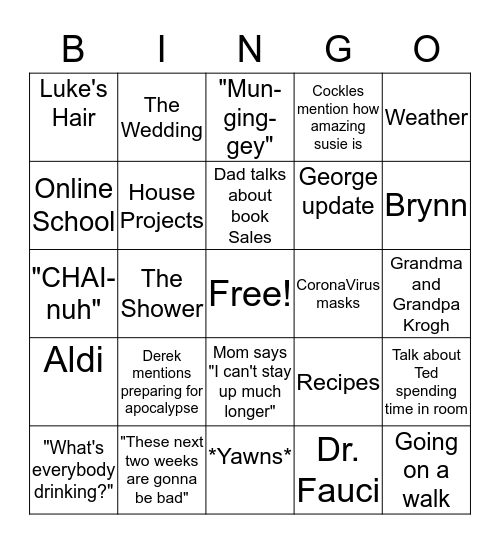 Krogh Fam Happy Hour Topics Bingo Card