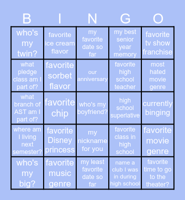 GIRLFRIEND BINGO Card