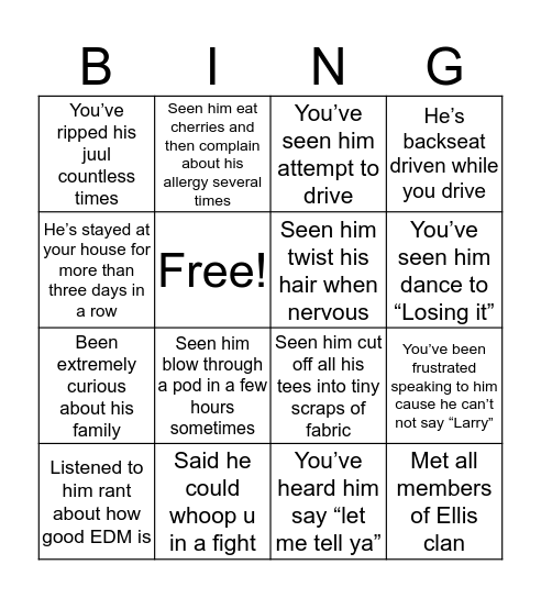 Dan Ellis Bingo Card
