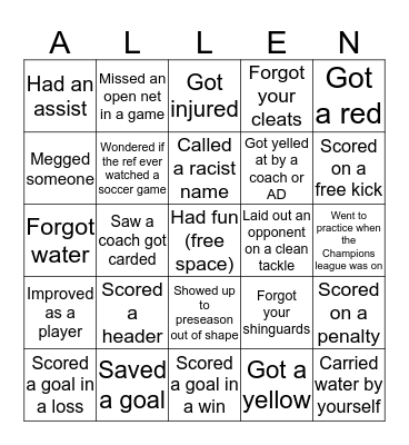 Allen Soccer Bingo Card