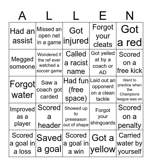 Allen Soccer Bingo Card