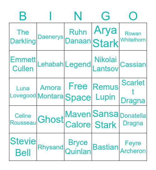 Brooke's Favorite Character Bingo Card