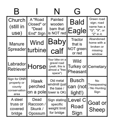 Iowa Gravel Ride Bingo Card