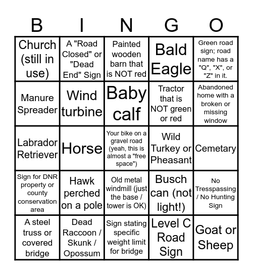 Iowa Gravel Ride Bingo Card